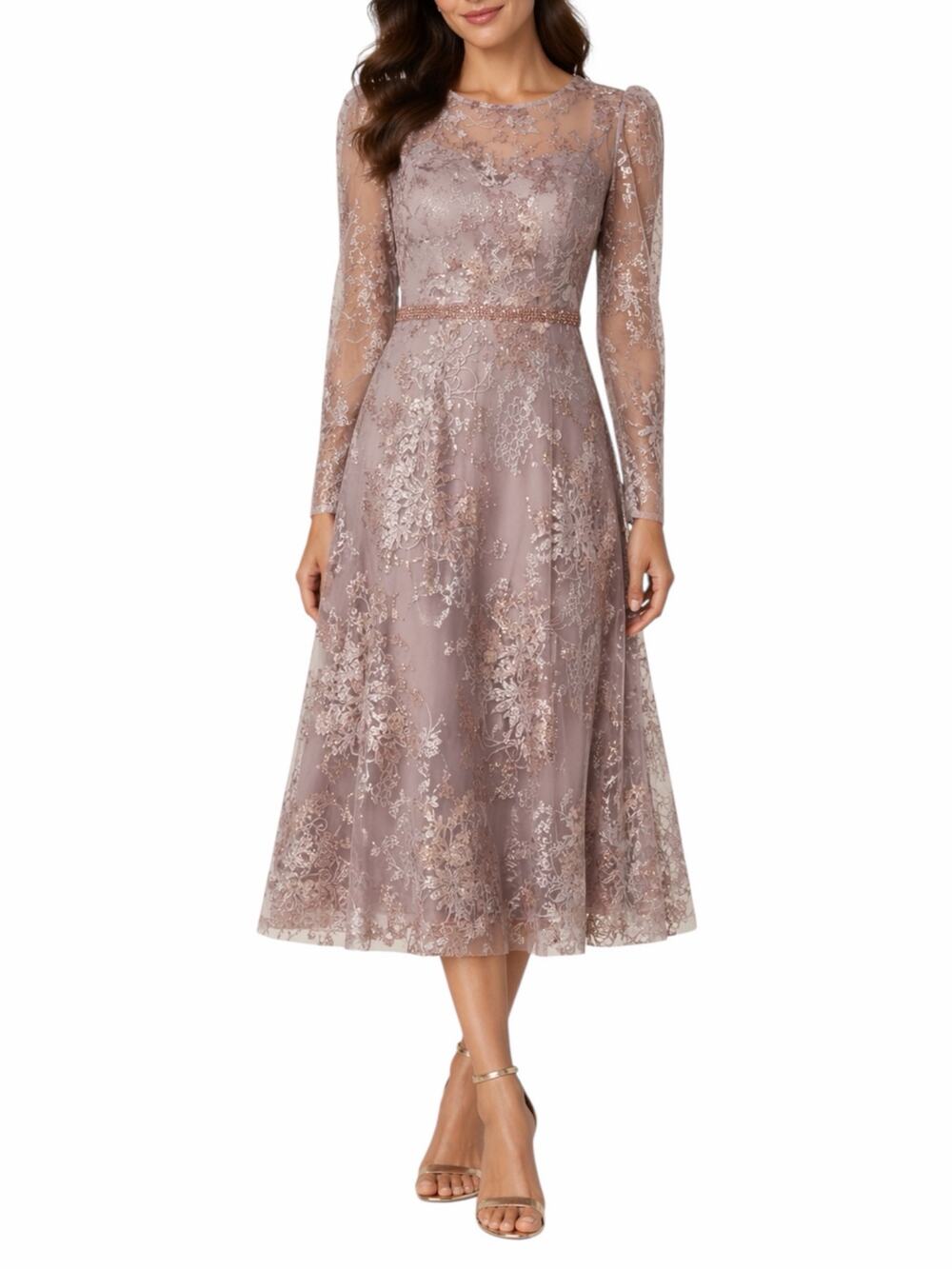 Mac Duggal Embellished Illusion Long Sleeve Midi Dress Rose Size 22
